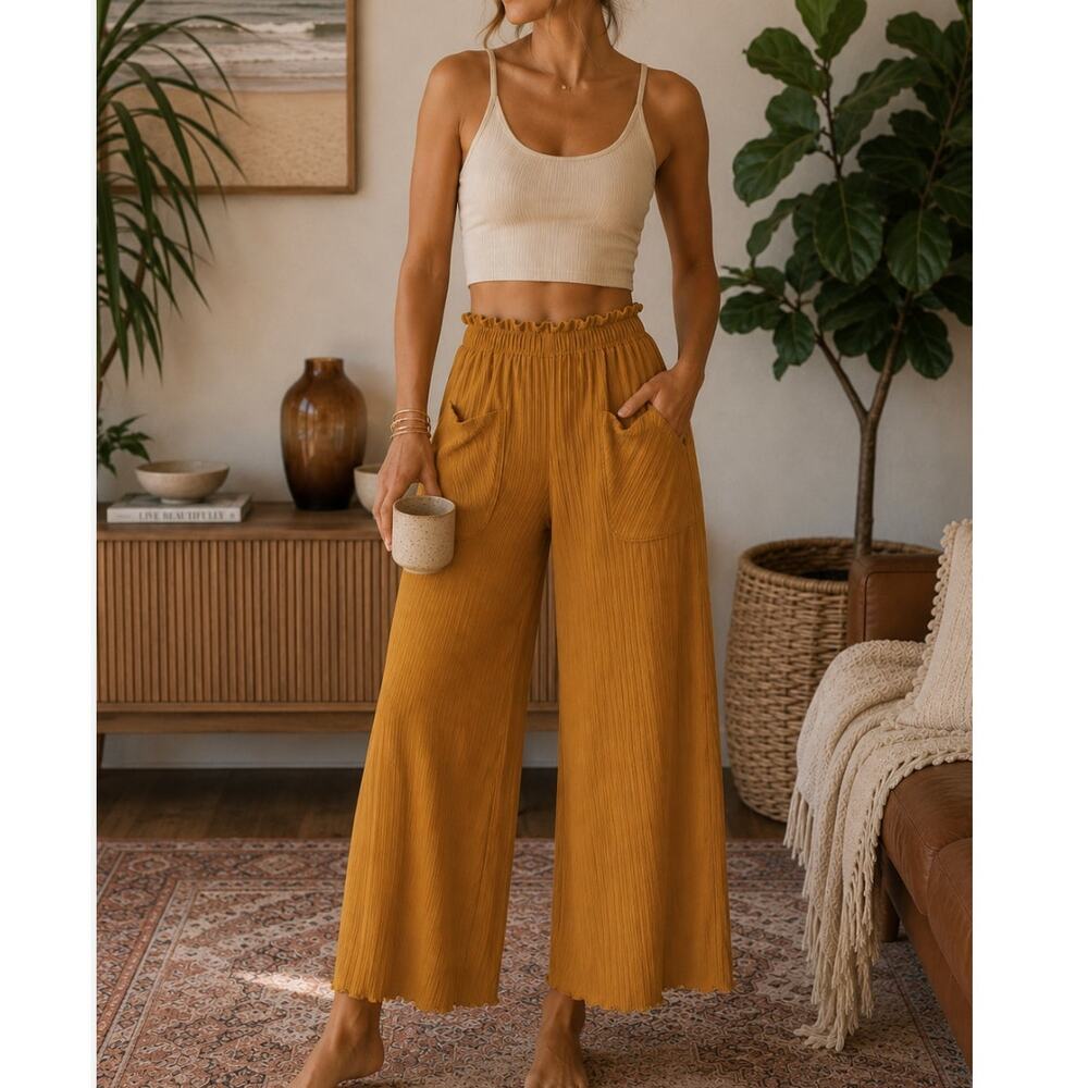 Free People Blissed Out Wide Leg Pants Mustard Ribbed High Rise Cropped Size S